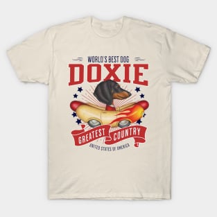 Doxie with red white and blue patriotic Dachshund in Flame Hotdog Car USA T-Shirt